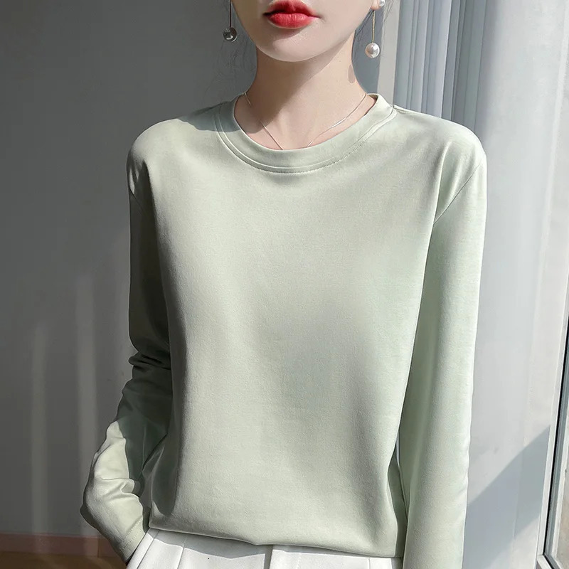 100% Cotton Bottoming Tshirt Womens Round Neck Loose Long Sleeve Mercerized for Spring and Summer 250729
