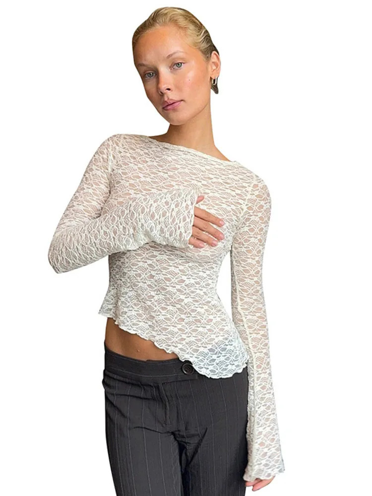 Spring And Summer Womens Solid Color Lace Slant Hem Sexy Long Sleeve TShirt Top Fashion Spice Girl Tops 250729