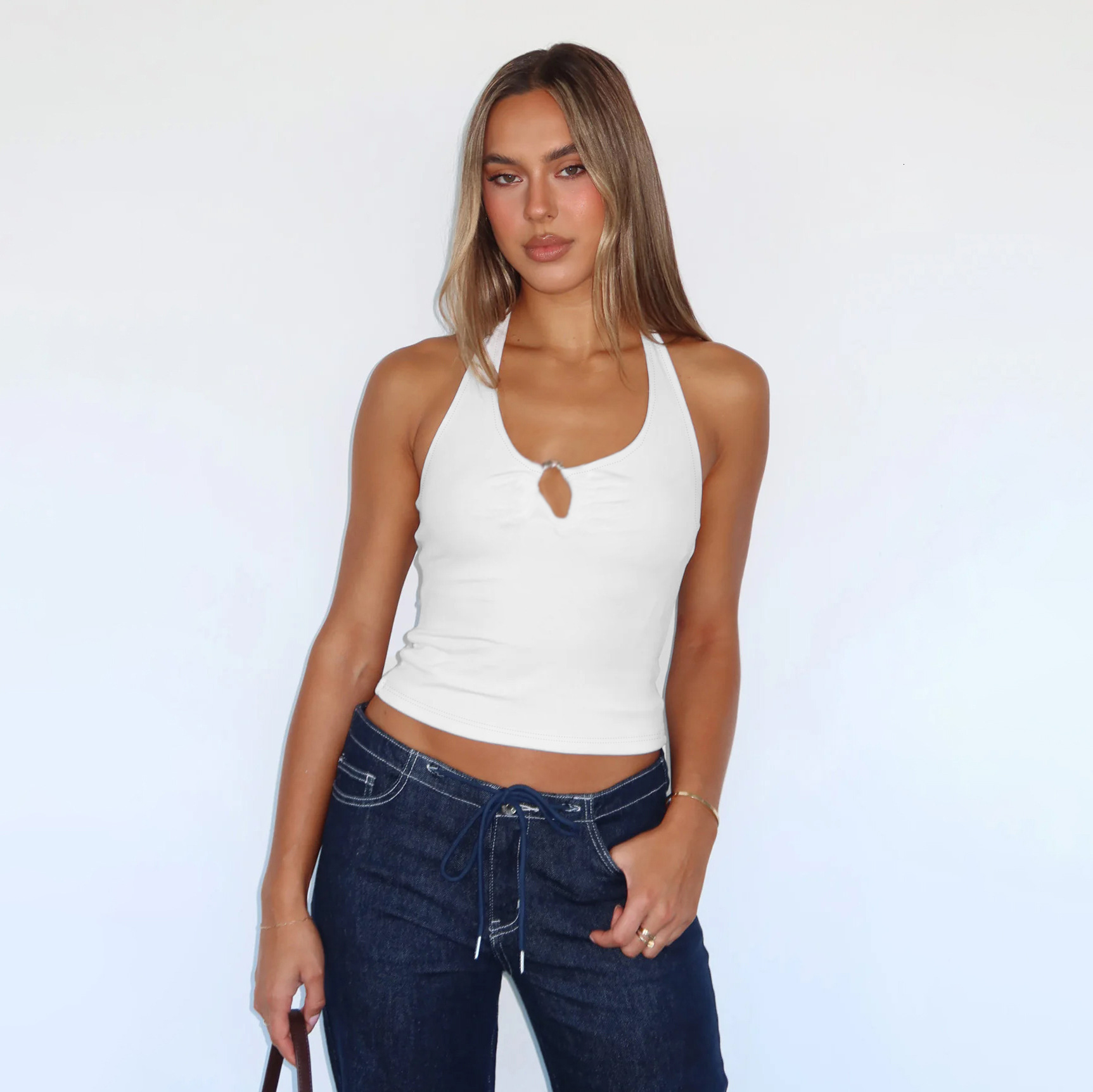 Y2K New Hot Girl Style Metal Buckle Hollow Out Halter Vest Design Sense Slim Fit Backless Sleeveless Top for Women