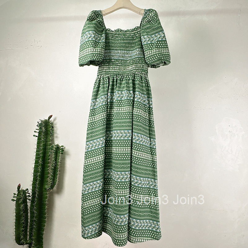 Summer New Off-Shoulder High Waist Slimming Long Dress Ethnic Style Floral Square Neck Puff Short Sleeve Dress