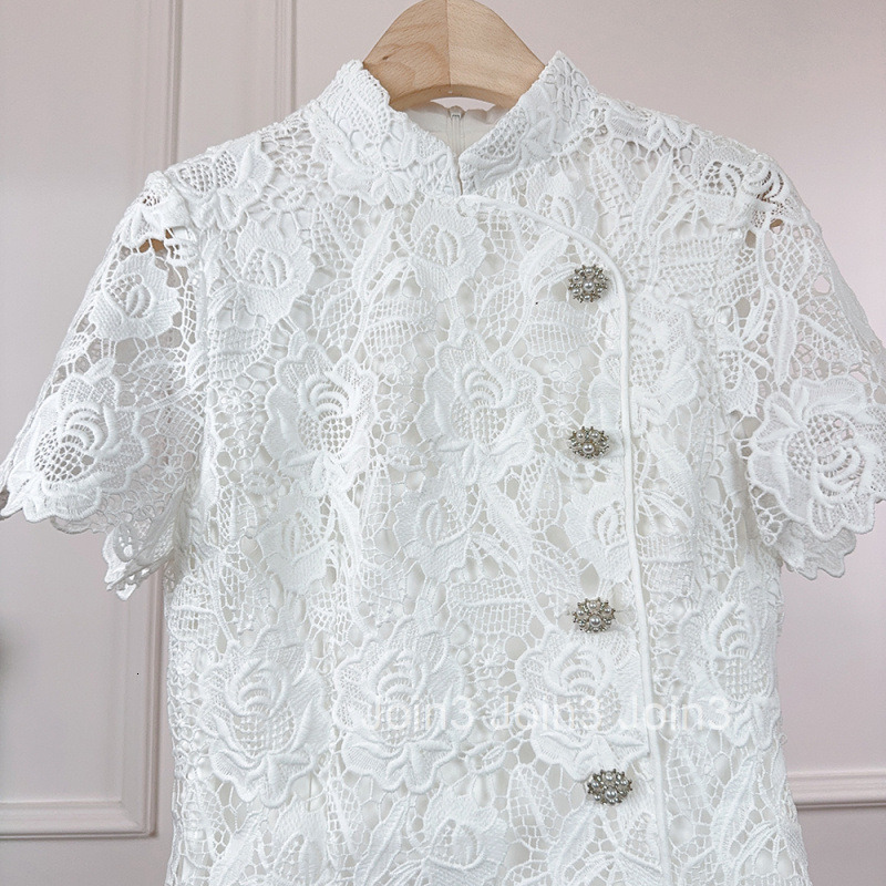 Summer New Style New Socialite Chinese Style Small Fragrance Style Stand Collar Elegant Embroidered Floral Hollow Waist Slimming Short Sleeve Dress