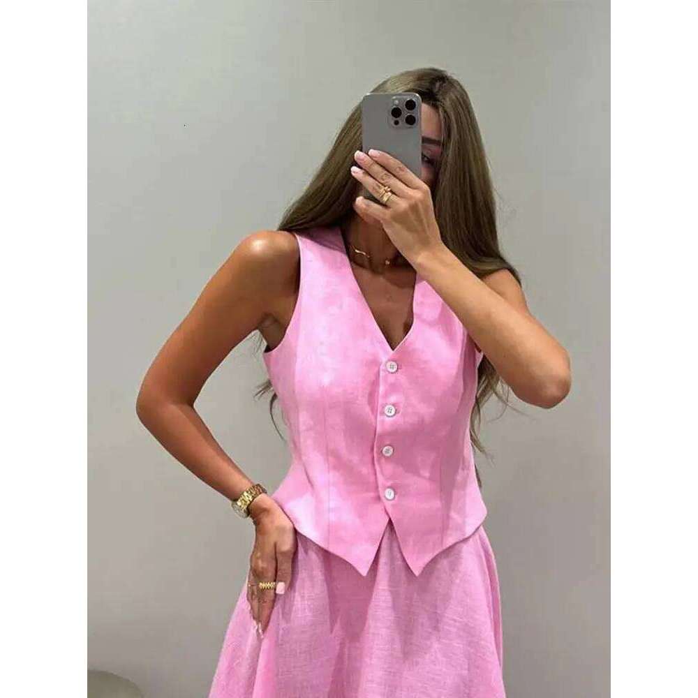 Women Vest Skirt Suit Solid O-neck Single Breasted Sleeve Short Top Button Wide Leg Skirts Female Summer Lady Beach Wears