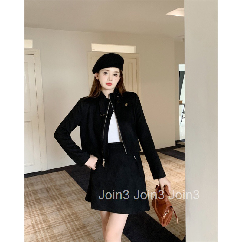 Autumn Winter New Casual Plus Size Women Trendy Melad Elegant Zipper Long Sleeve Motorcycle Jacket Top Short Skirt Set