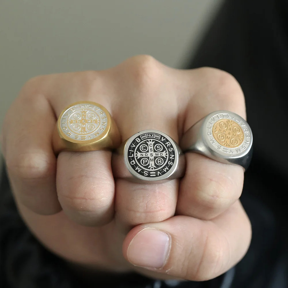 St. Benedict Cross Steel Ring PVD Black Coated Religious Jewelry Christian Gift Gothic Mens Ring Symbol Accessories 250729