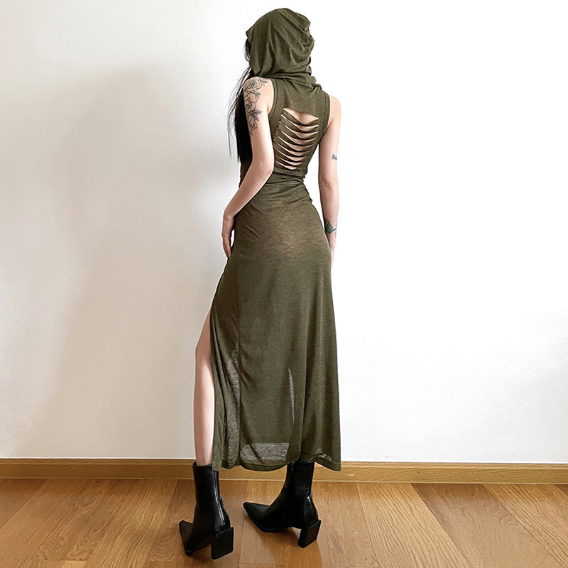 MU4220 Spring and summer fashion trend women's hooded loose hem slit personality dress