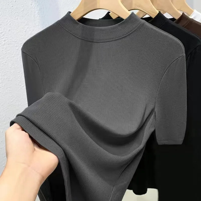 Summer Ice Silk Women T Shirts Solid Color Round Neck Comfortable Fashion Short Sleeve Slim Women Tops Shirts 250724