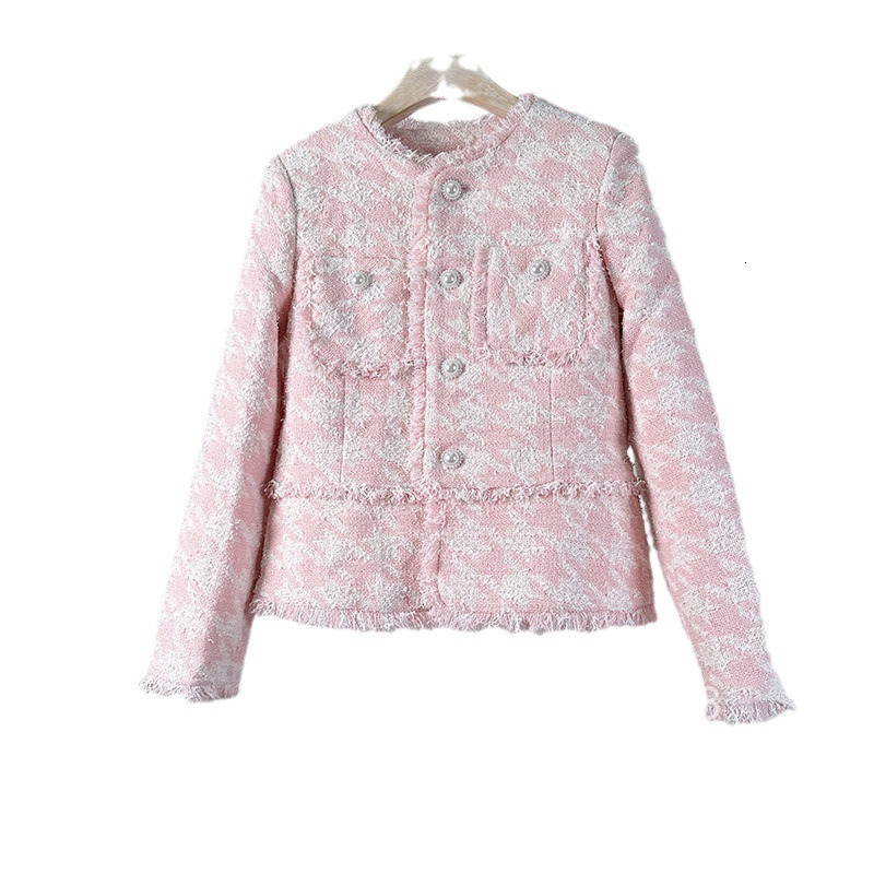 Early Autumn and Winter New Fashionable French Style Pink Thousand Bird Plaid Fleece Thick Tweed Tassel Fleece Coat Small Fragrant Girl