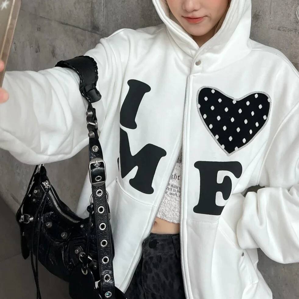 Y2k Korean Retro Hoodie Haruku Simple Color Block Letter Patch Oversized Zipper High Quality Sweatshirt Casual Fashion Tops