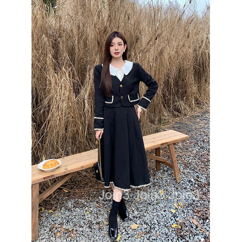 Autumn New French Style Color-Block Long Sleeve Jacket Top + Midi Skirt Set for Women