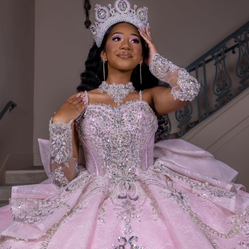 Pink Shiny Quinceanera Dresses Ball Gown Off The Shoulder Sequin Applique Lace Beads Bow Party Birthday Sweet 16 Dress Vestidos 15 Anos