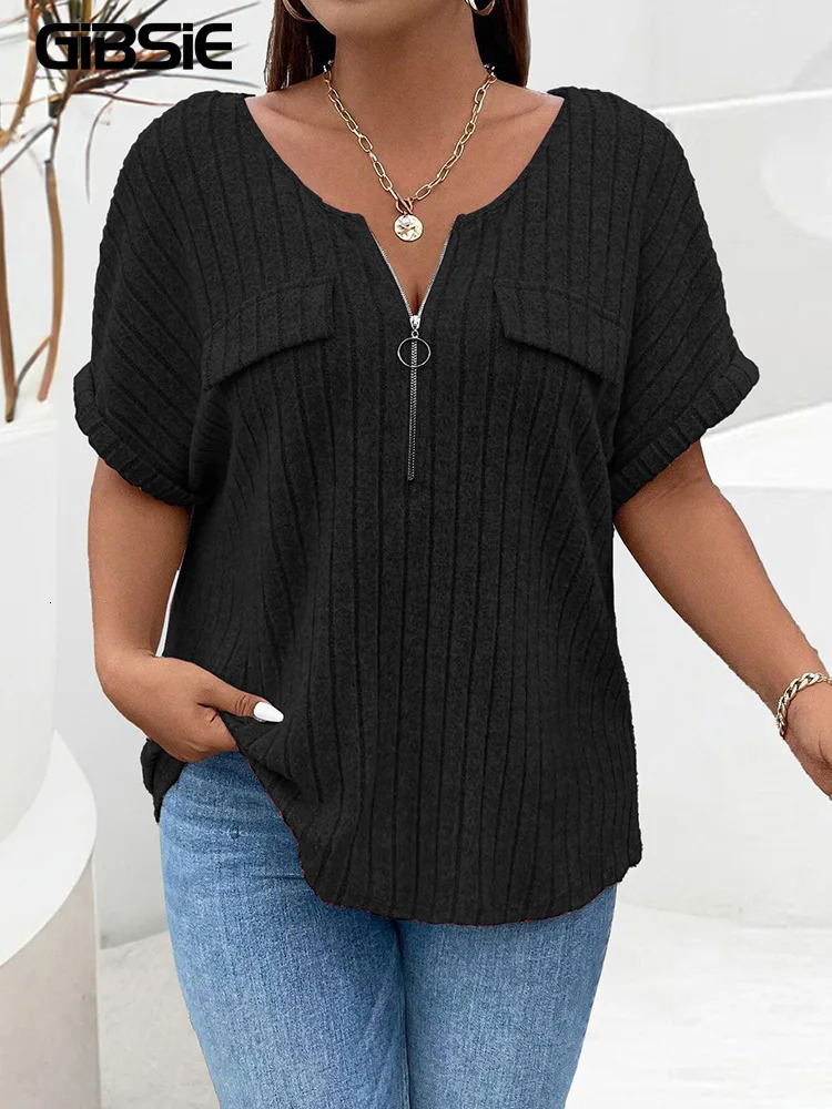 GIBSIE Plus Size Solid ORing Zip Front TShirt for Women Summer ONeck Short Sleeve Rib Knit Casual Tees Tops Female 250729