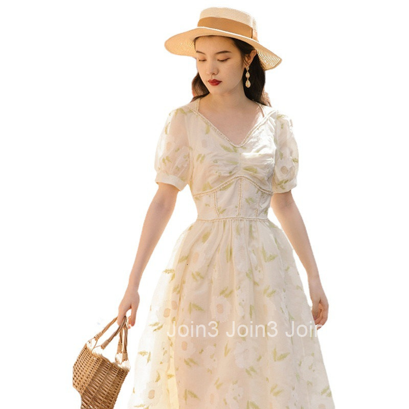 High Waist V-Neck Heavy Embroidery Flared Long Dress for Dates and Vacations Summer Fashionable Elegant French Short Sleeve Dress