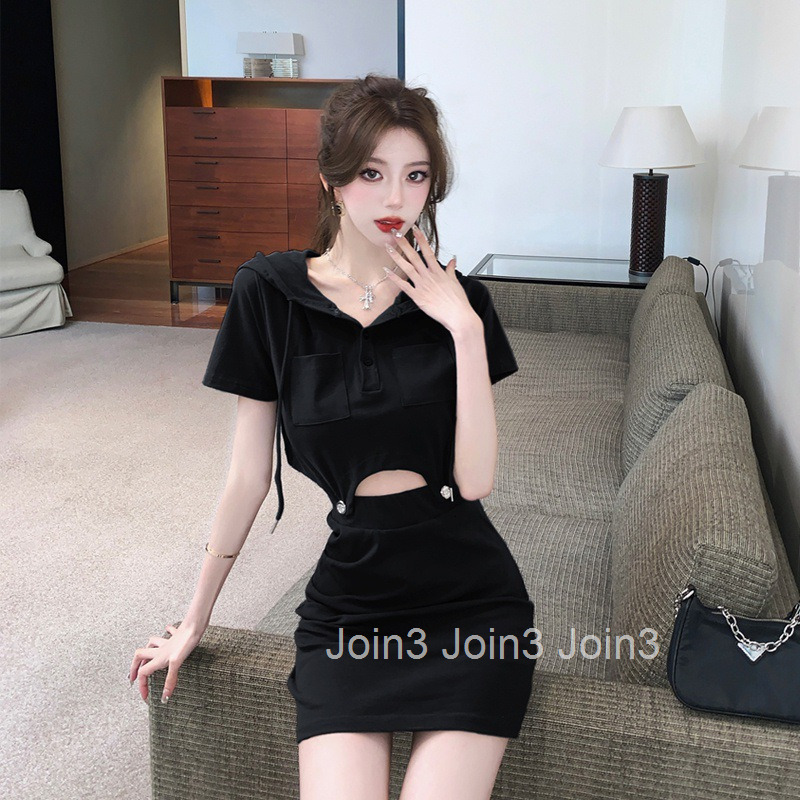 Summer New Women Pure Desire Style Sweet Cool Hot Girl Waist-Exposing Hooded Short Sleeve Top T-Shirt Half Skirt Set Dress