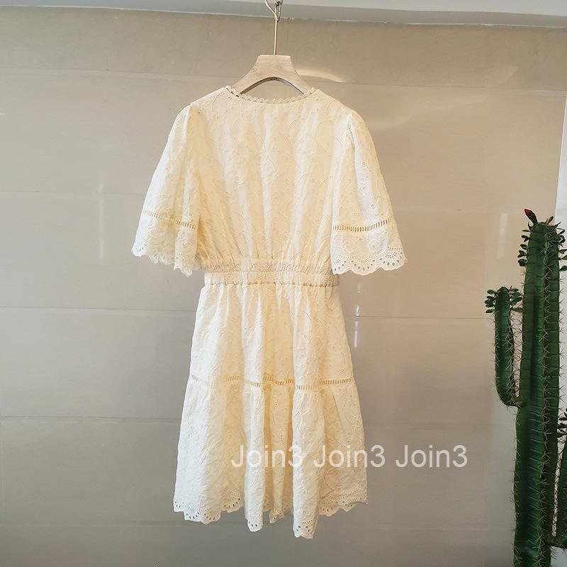 New Summer Dress Heavy Embroidery Hollow Fairy Mid-Length Dress Cross V-Neck Elegant Waist Slimming Short Sleeve Dress