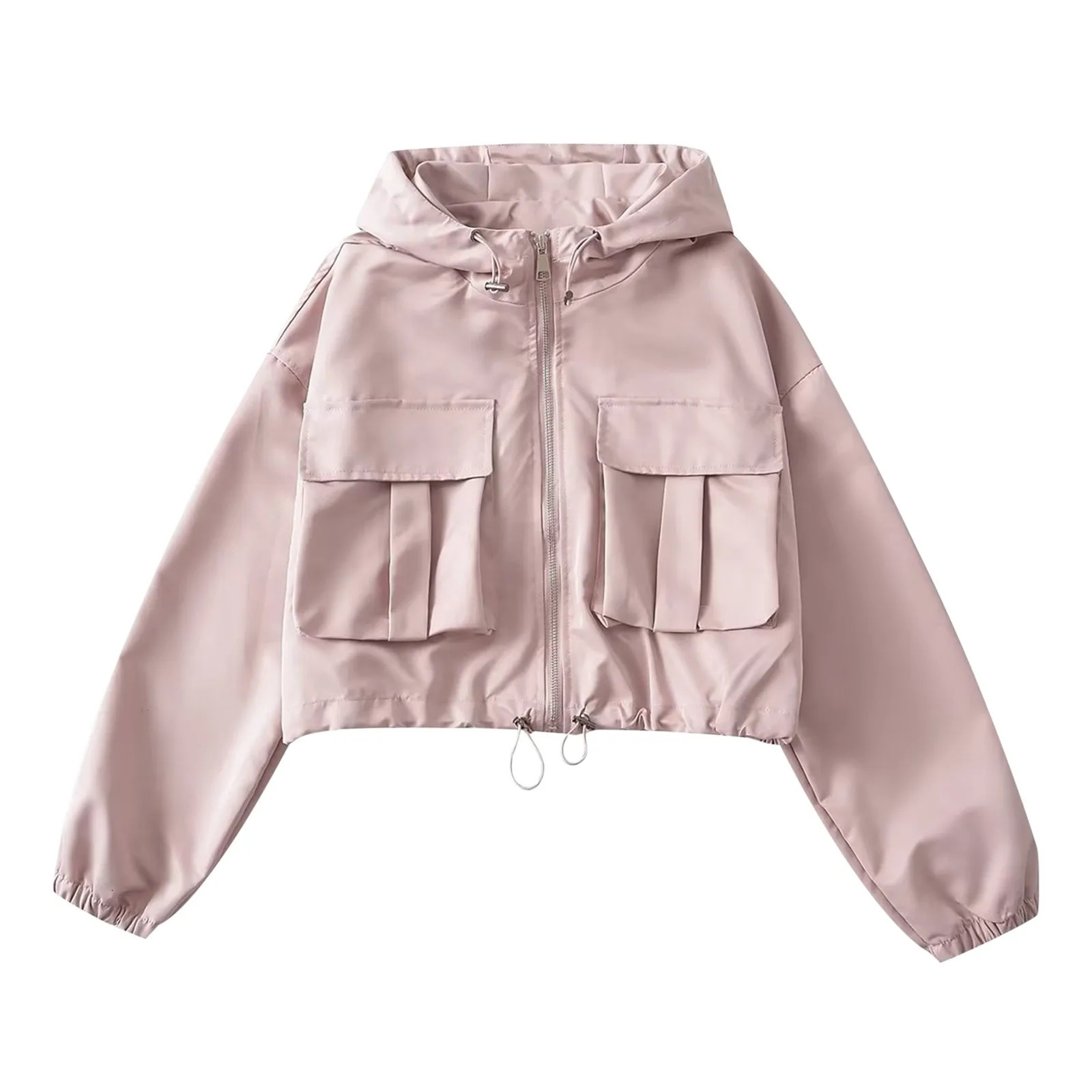 Techwear White Hooded Cargo Cropped Windbreaker Jackets Button Up Coat Women Outdoor Pink Black Top Korean 250729