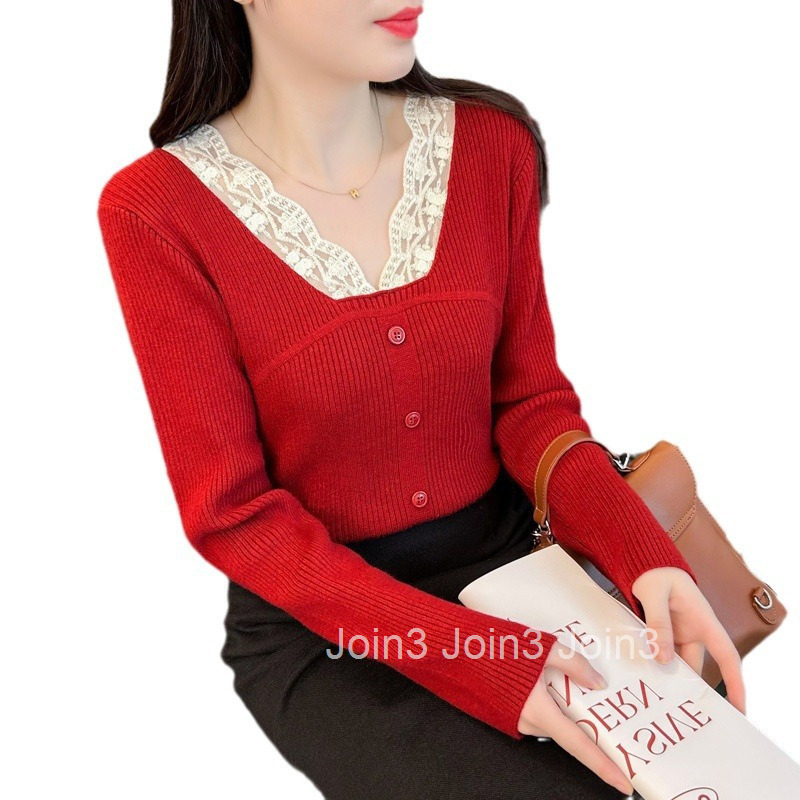 Winter Spring New Lace Patchwork V-Neck Ribbed Slim Pullover Knitted Sweater Womens Short Top