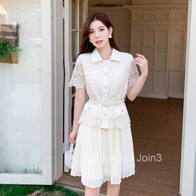Summer New Fashion Socialite Lace Short Sleeve Top + Pleated Skirt Two-Piece Fashion Set Skirt