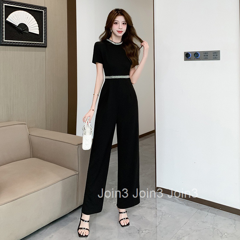 Summer New Round Neck Slim Fit Simple Elegant Casual Black Short Sleeve Jumpsuit Wide Leg Pants Long Pants for Women