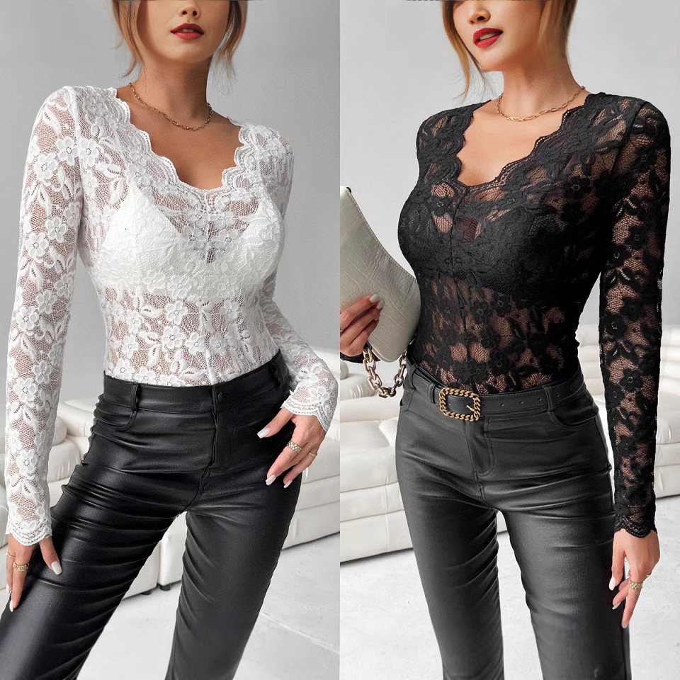 2025 Elegant V-neck Fan neckline Single layer Solid color Lace Long sleeved T-shirt Slim fit and slimming top for women