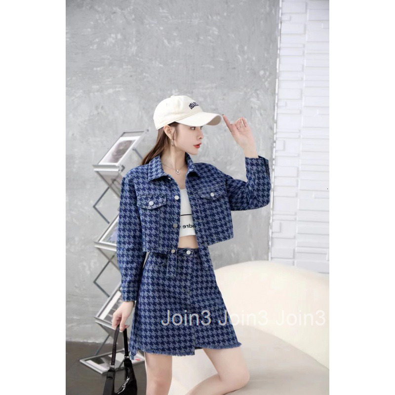 Early Autumn New Style Socialite Internet Celebrity Houndstooth Long Sleeve Jacket Short Top + Half Skirt Two-Piece Set for Women