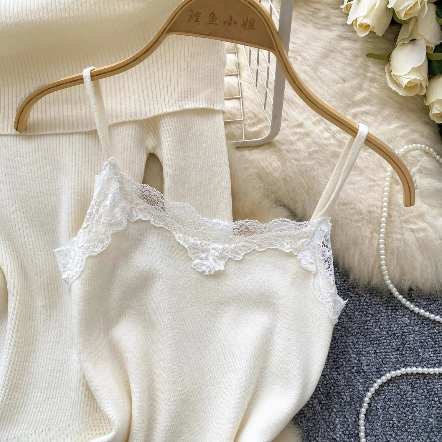 Chic vintage Knit Spliced lace dress Elegant Fairy Korean fashion autumn winter womens clothing Two Piece Set 250729