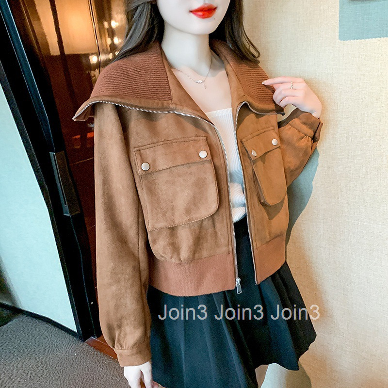 Autumn Winter New Large Lapel Deerskin Velvet Spliced Knitted Long Sleeve Short Coat Womens Fashion Trendy Jacket Top