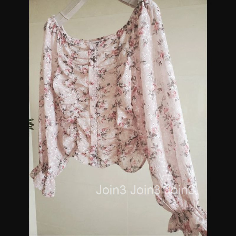 Summer New Anti-Sun Shirt Small Floral Blouse Elastic Short Top Ruffled Chiffon Blouse