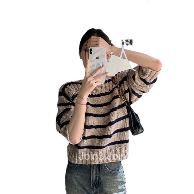 Winter Spring New Casual Large Striped Round Neck Pullover Design Sense Niche Long Sleeve Sweatshirt Sweater Top Short Women