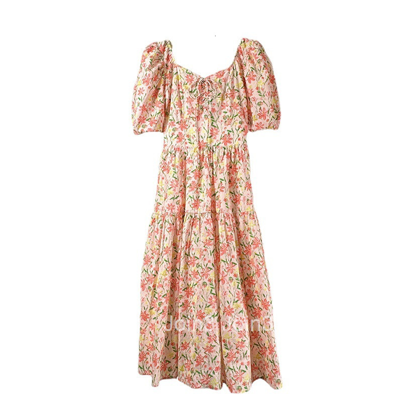 Summer French Fashion Square Neck Waist-Cinching High-Waist Skirt Floral Print Short Sleeve Midi Dress