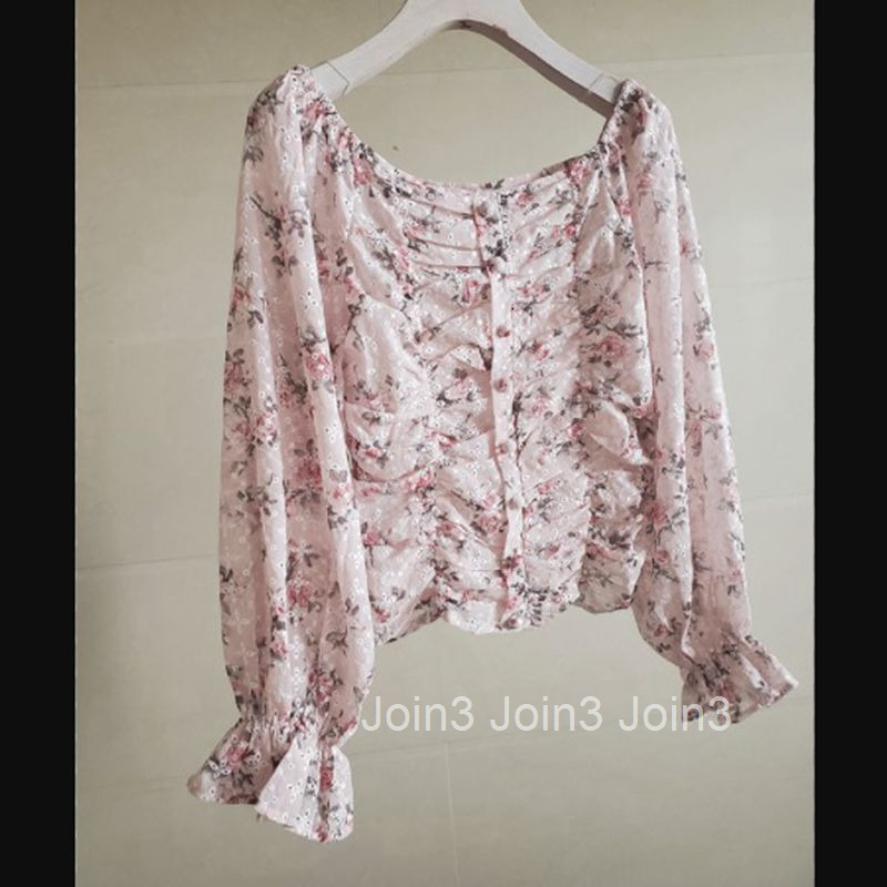 Summer New Anti-Sun Shirt Small Floral Blouse Elastic Short Top Ruffled Chiffon Blouse
