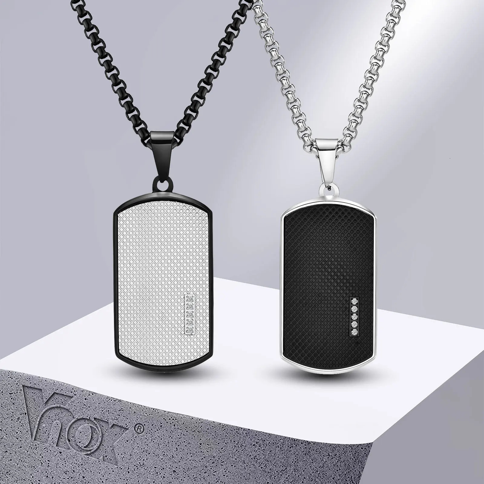 Vnox Stylish Black Dog Tag Necklaces for Men Women with Cubic Zirconia Stone Stainless Steel Square Pendant Collar Gift 250729