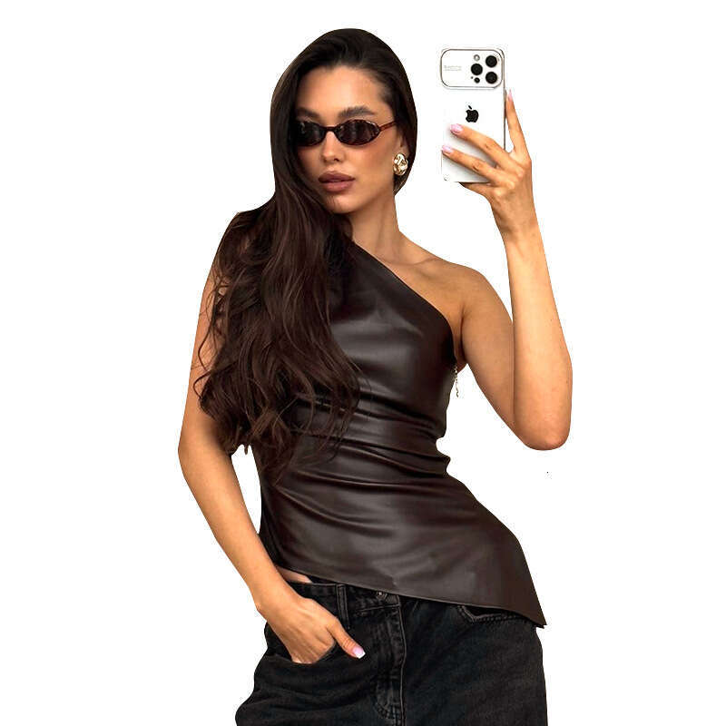 Y24tp426 Women's Autumn New Solid Color Sleeveless One-Shoulder Asymmetrical Zipper T-Shirt Top B5