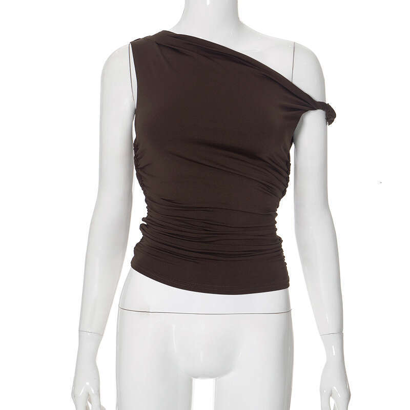 Y24tp145 Women's Summer New Solid Color One-Shoulder Asymmetrical Ruched Sexy Slim Top B5