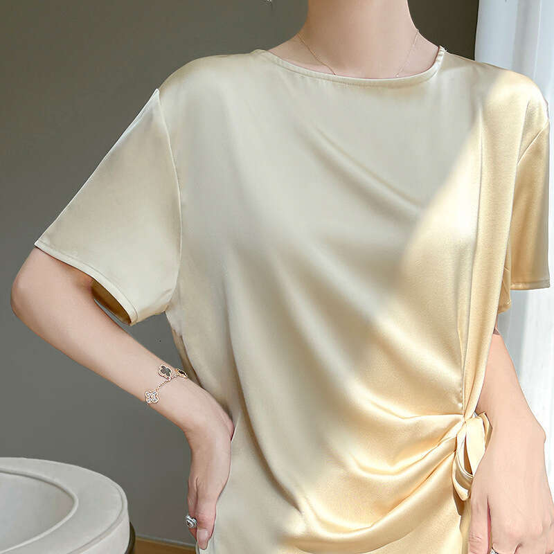 sxzy Non-Acetate Satin Design T-Shirt New Waist-Cinching Bow Short Sleeve Top Women's Summer High-End Korean Style
