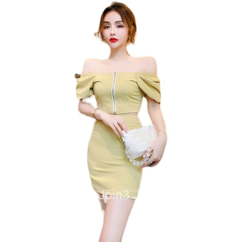 Summer New Fashion Internet Celebrity Style Square Neck Zipper Short Sleeve Top + Bodycon Short Skirt Set