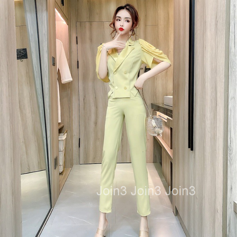 Summer New Fashionable Elegant Professional Two-Piece Set with Turn-Down Collar Double-Breasted Stylish Mid-Sleeve Top Slimming Long Pants Suit for Wo