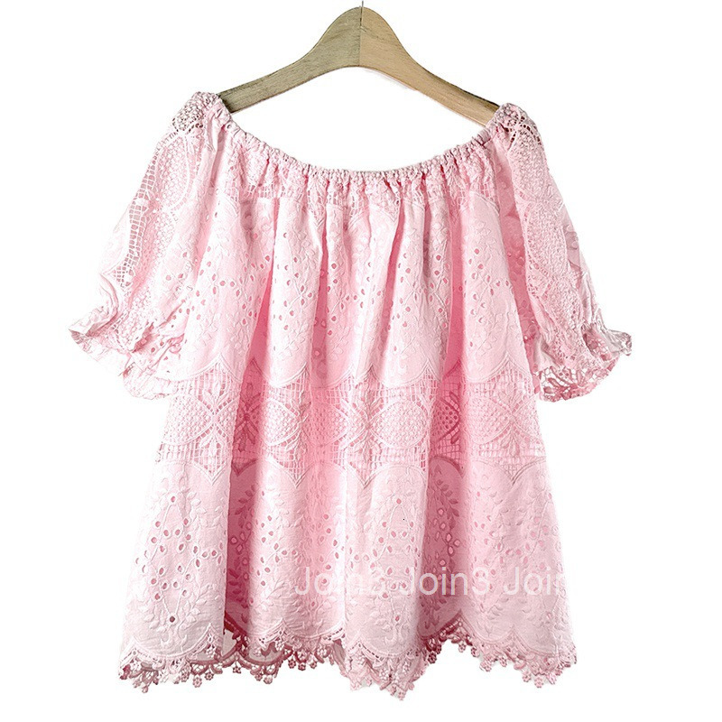 2025 Summer New Design Sense Niche Slimming Short Sleeve Top Fairy Off-Shoulder Lace Blouse for Women