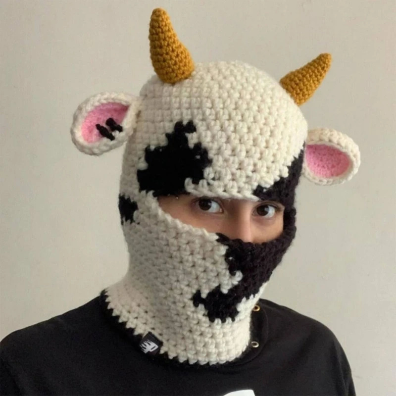 Novelty Ox Horn Knit Balaclava for Women and Men Winter Warm Face Cover Hat Adult Halloween Party Costume Beanie 250724