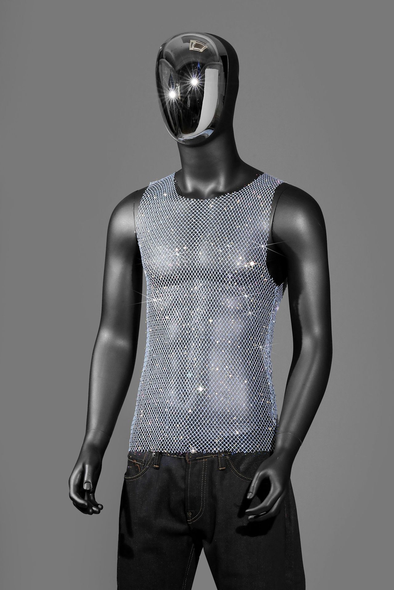 Fashion Mens Mesh Rhinestone T-Shirt Fishnet Rhinestone Party Sheer Blouse Top