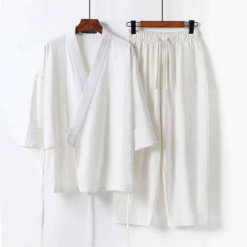 Designer Clothing 2025 2025 Men's Summer Cotton Linen Two Pieces Chinese Style Lace Up Kimono Tops+Pants Casual Male Vintage Hanfu Tang Suit M-9X