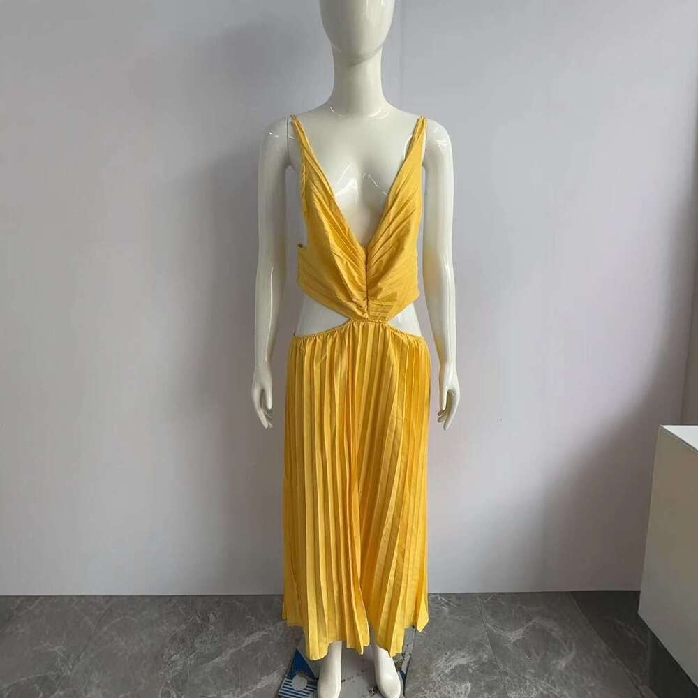 2024 Summer New Cross-Border European and American Style Elegant V-Neck Sleeveless Hollow Out Backless Pleated Dress