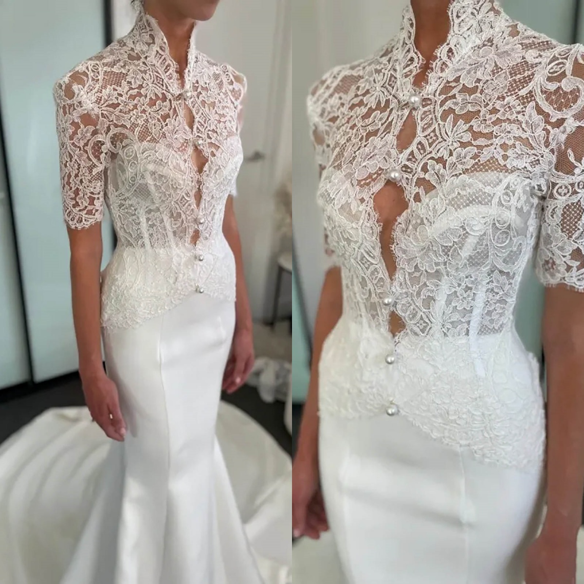 Elegant Short Sleeves Lace Wedding Jacket High Stand Neck Collar Bridal Bolero Pearl Buttons Wedding Accessories Customized