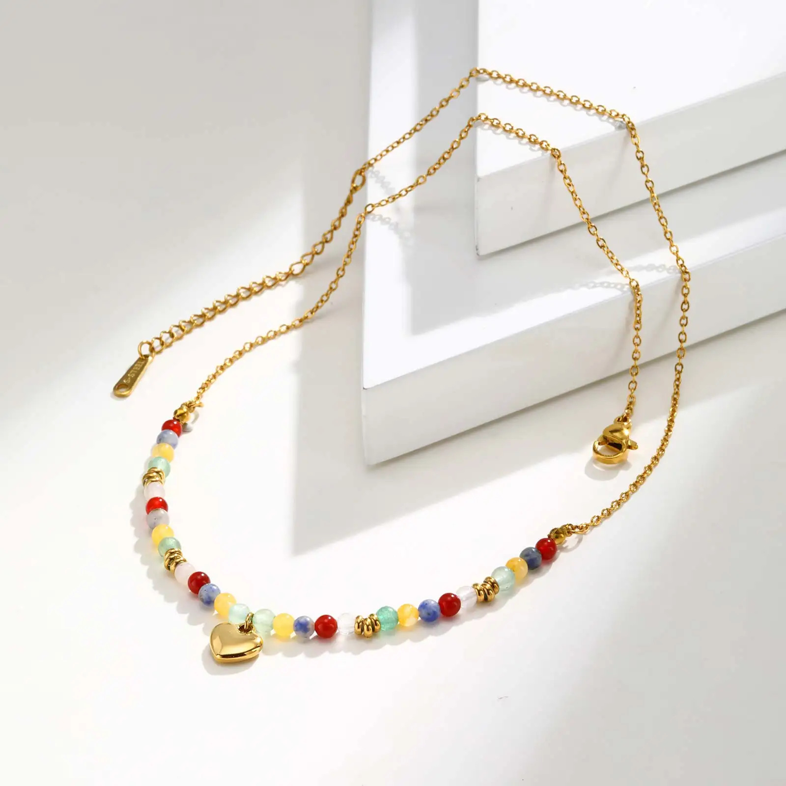 Womens Boho Colorful Natural Stone Bead Necklace Stainless Steel Beaded Chain Water Drop Heart Cross Cherry Pendant Necklace 250729