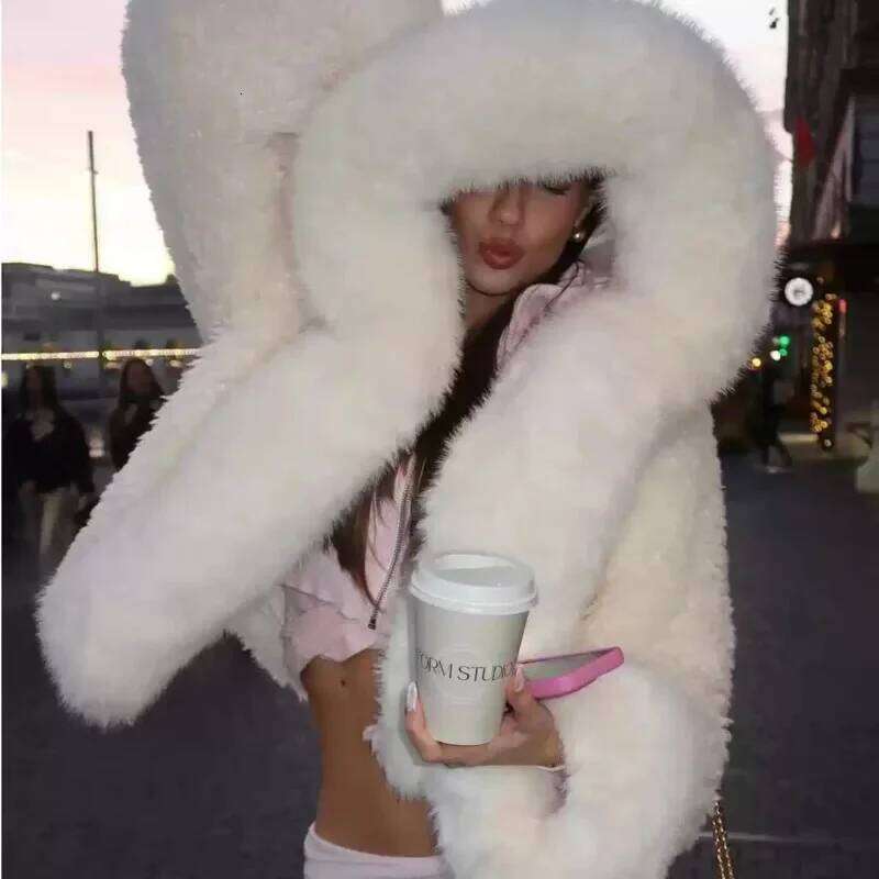 Winter White Hooded Faux Fur Jacket Women Fashion Patchwork Thick Warm Fluffy Plush Short Coat 2025 Lady High Streetwear