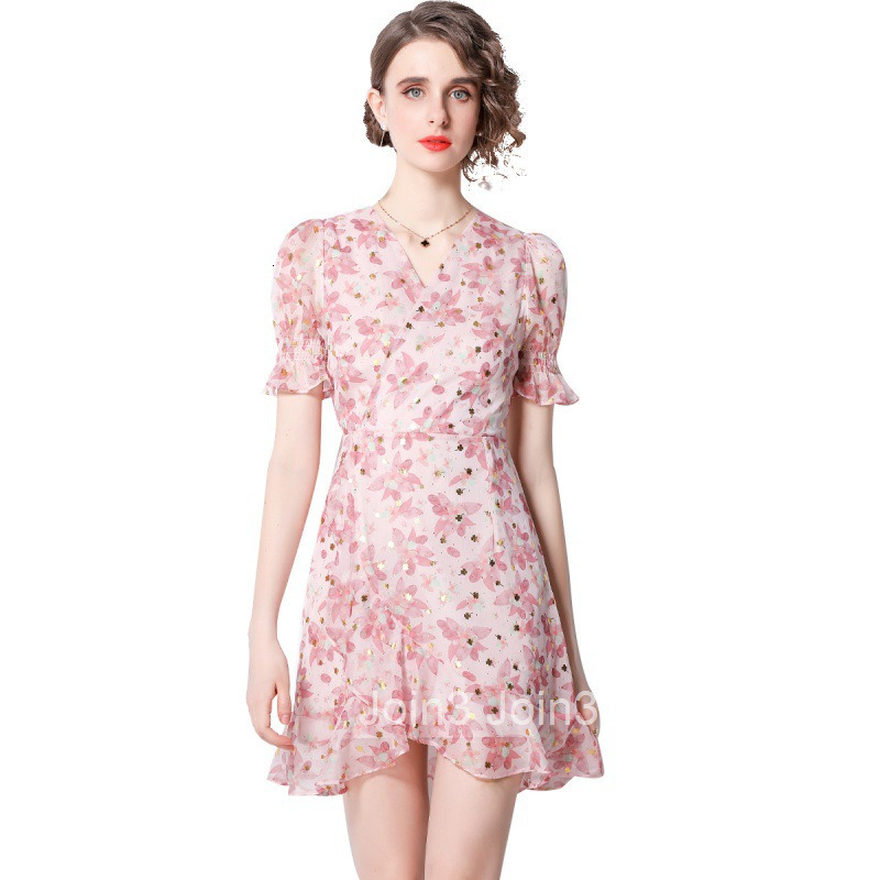 Summer New Womens Sweet High-Waisted Floral Midi Dress Slim Fit Mermaid Print Short Sleeve Dress