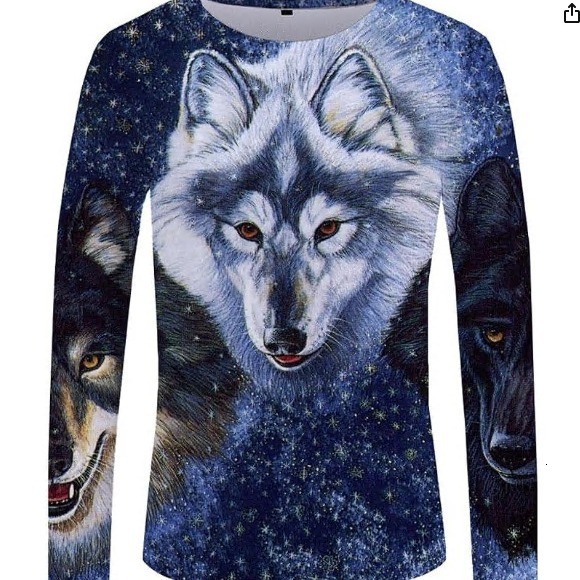 Fashionable mens 3D printed animal wolf long sleeved T-shirt mens round neck top personalized t-shirt mens trend