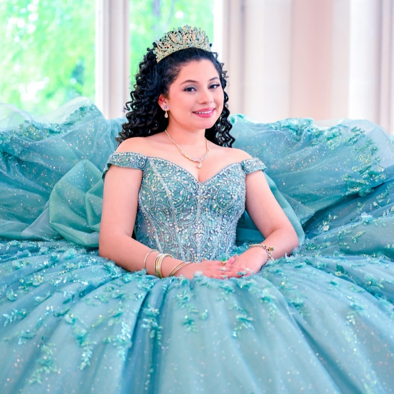 Water Blue Shiny Quinceanera Dresses Off The Shoulder Appliques Flower Beading Tull Ball Gown Lace Up Vestidos De 15 Anos Sweet 16 Dress