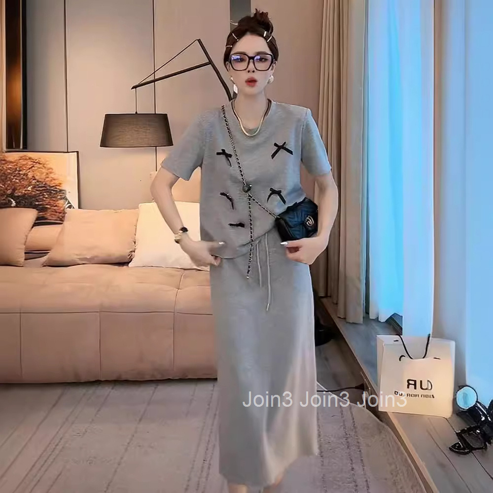 Summer New Plus Size Womens Bowknot Stylish Design Short Sleeve T-Shirt Top + Mid-Length Skirt Two-Piece Set