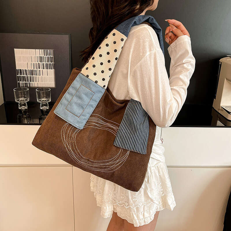 Artistic Niche Tote Bag with Unique Design, Trendy Patchwork Wide Shoulder Strap, Large Capacity Handbag