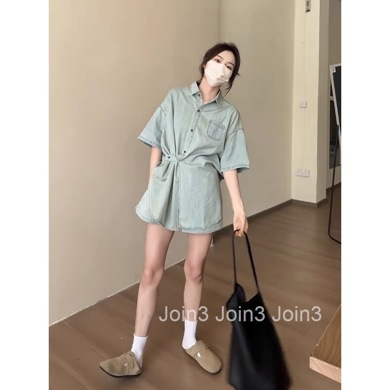 Summer Shorts Set for Women Fashion New Loose Casual Denim Half-Sleeve Top Shirt + Wide-Leg Shorts Two-Piece